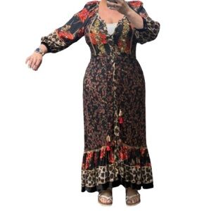 Brown and Orange Tiered Ruffled Long Sleeve Dress